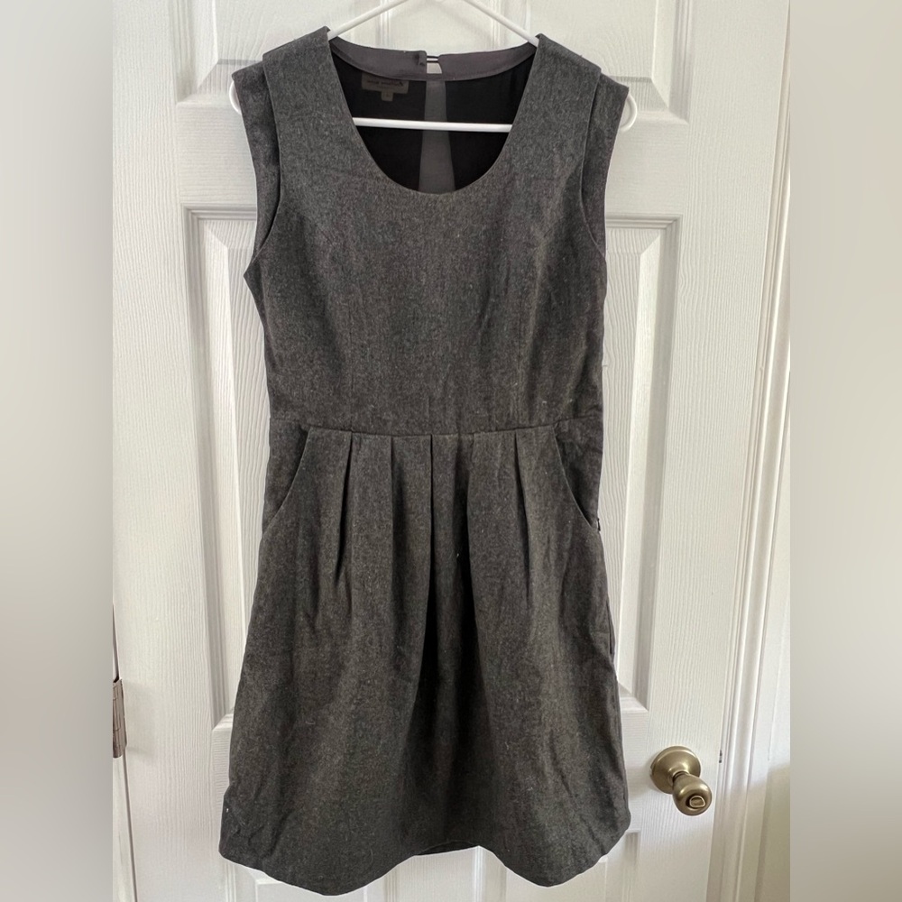 Mia Melon gray wool dress lined pockets sheer back